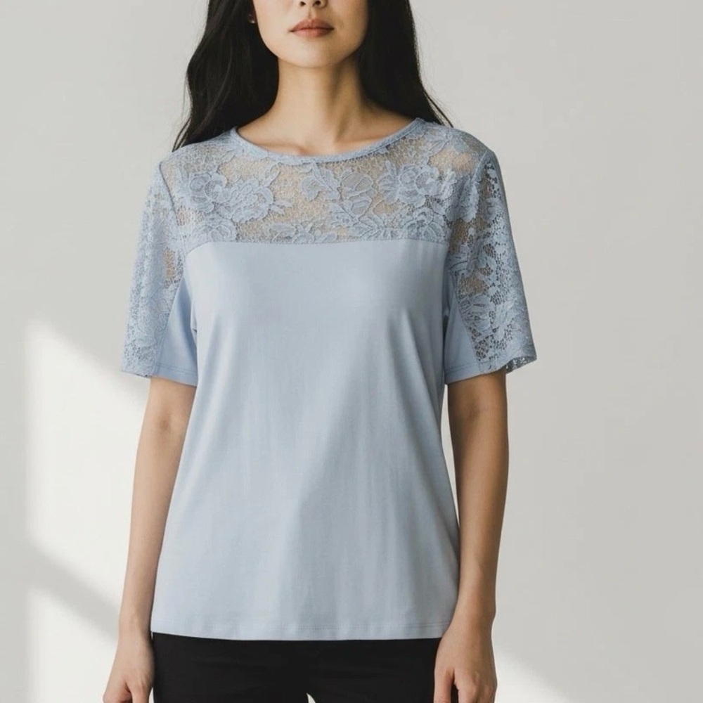 Anne Fontaine Blue Short Sleeve Pevina Top Blouse with Lace Size 36